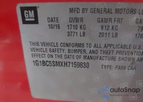 2017 Chevrolet Cruze Ls Auto из США, поврежденный, VIN 1G1BC5SMXH7159830